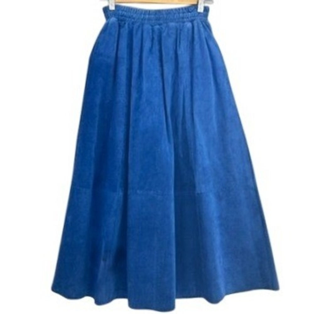 VTG Leathercraft Process Blue Suede Leather Midi Skirt High Waist 24" 1980s 80s